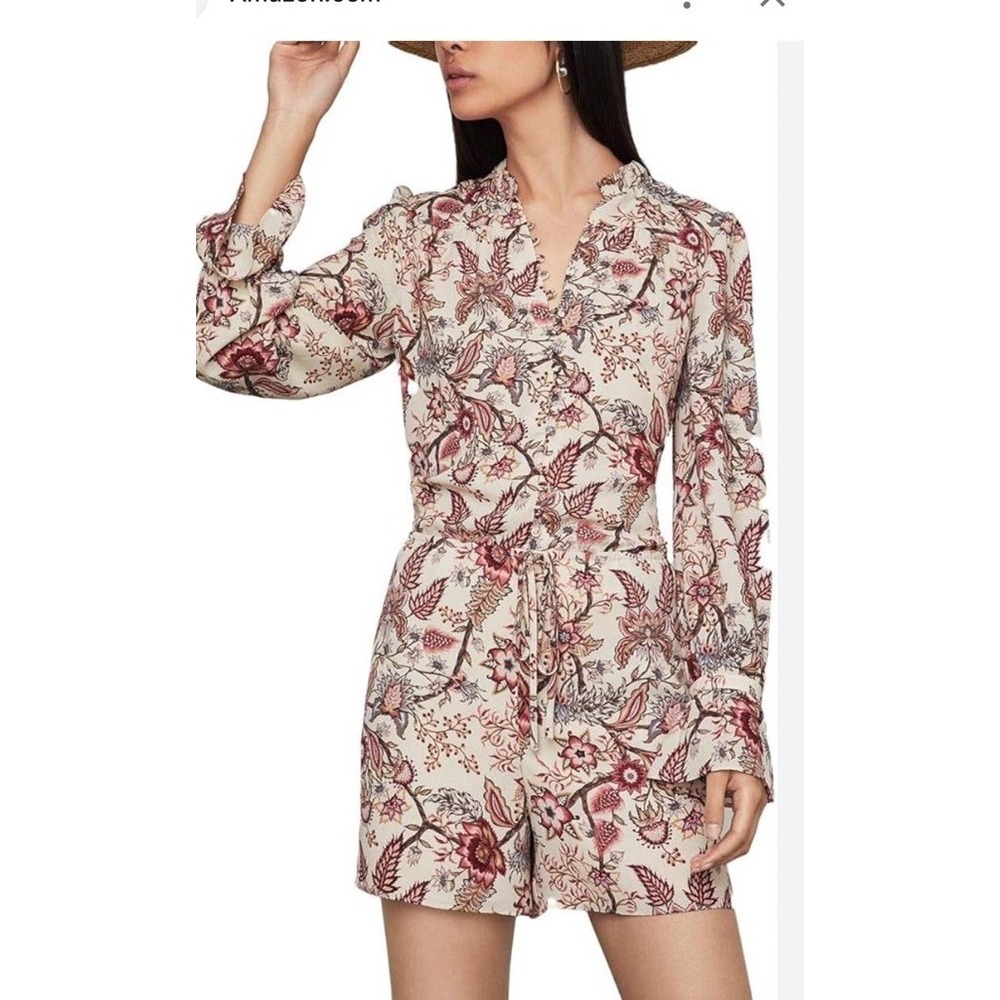 BCBGMAXAZRIA Poet Nude Floral Print Chiffon Bell Sleeve Romper Medium